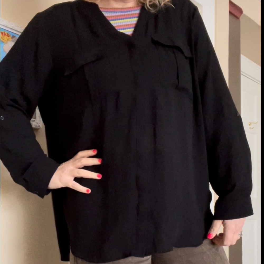 1X Black Blouse - Gauzy Polyester - Great Spring Transitional Piece!